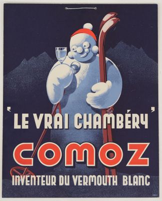 an old poster of a man holding skis and a snowboard