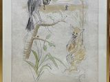 dessin encadré représentant une femme donnant à manger à un chat dans un jardin