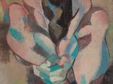 une peinture à l'huile représentant une femme assise par terre, les mains posées sur les genoux