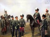 a painting of a group of men in uniform on horses