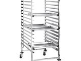 a close up of a metal tray on a dolly with wheels