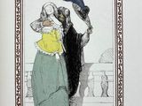 a drawing of a man and a woman holding hats