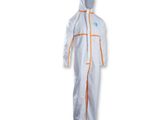 a white coverall with orange trims and a hood