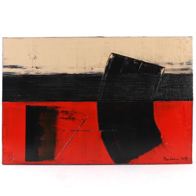 peinture abstraite représentant un bateau sur un fond rouge, noir et blanc