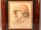 a drawing of a man in a red hat and a red scarf