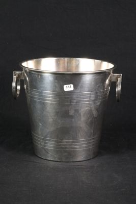 silver plated ice bucket with handles and handles on a black background