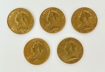 four gold sovereigns, one of which is a sovereign and the other of which is a sovereign
