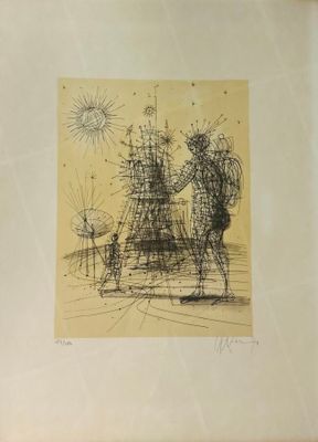 dessin représentant un homme et une femme debout devant un bâtiment