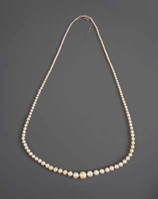 a white pearl necklace with a gold clasp on a gray background