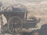 a drawing of a horse pulling a wagon with a man on it