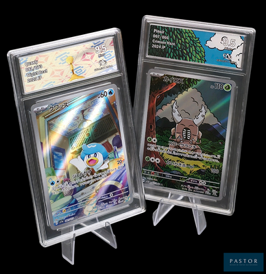 deux cartes Pokémon exposées dans une vitrine transparente