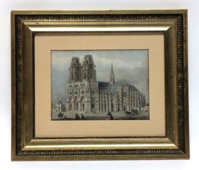 an old painting of a cathedral with a horse drawn carriage in front of it