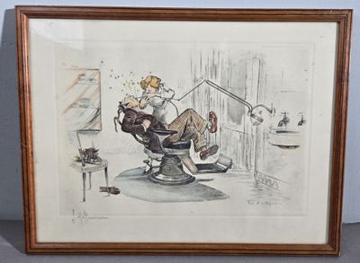 painting of a man sitting in a chair in a barber shop