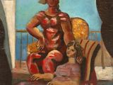 une peinture à l'huile représentant une femme assise sur une chaise à côté d'un enfant