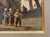 a painting of a man and a woman walking down a street