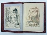 an old book with two drawings of a woman sitting on a chair