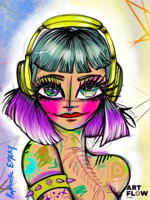 dessin représentant une jeune fille avec des écouteurs et un tatouage sur le bras
