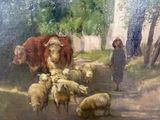 a painting of a man with a herd of sheep