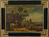 an old painting of a farm scene with a horse drawn carriage