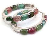 pair of multicolored stone hoop earrings on a white background