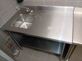 a stainless steel sink in a public restroom
