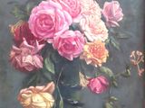une peinture de roses dans un vase sur une table