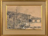 painting of a river scene with a bridge and buildings in the background