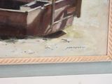 a picture of a painting of a boat on the beach