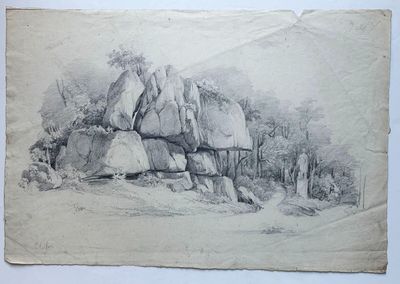 un vieux dessin représentant une formation rocheuse au milieu d'une forêt