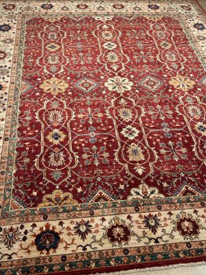 Tapis Kazak avant fond, rouge, bordure beige 300 x 250
