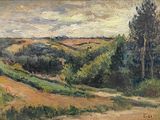 an oil painting of a landscape with a dirt road in the foreground and trees in the distance