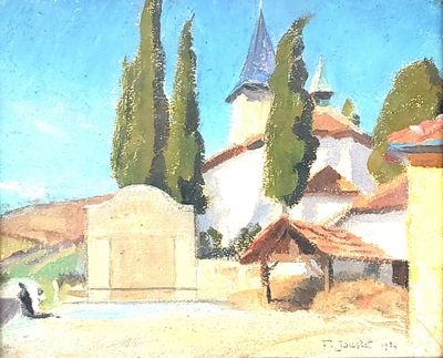 a painting of a village with a church in the background