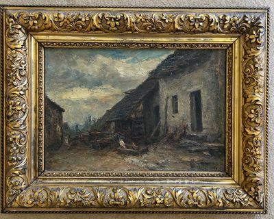 un vieux tableau représentant une scène de village, dans un cadre doré