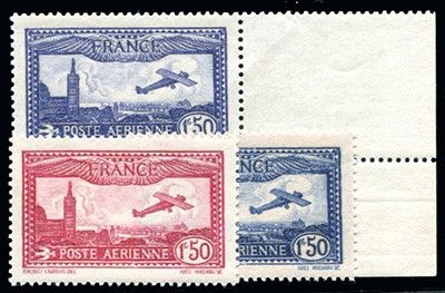 three stamps with a picture of a plane and a plane flying over them