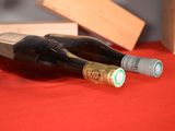 two bottles of wine sitting on a red table