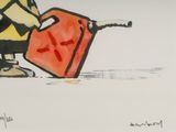 a drawing of a man holding a gas can