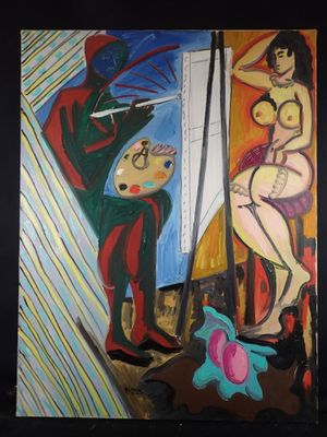 painting of a painting of a woman and a man with a knife in a room