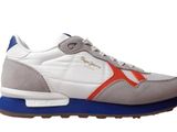 men ' s white and blue sneakers with red accents on the sole