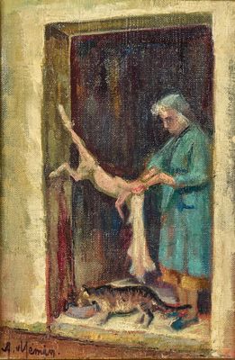 une peinture à l'huile représentant une femme et un chat dans un embrasure de porte