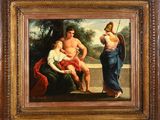 une peinture à l'huile sur toile représentant un homme, une femme et un enfant