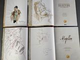 four pages of a book with a drawing of a man and a woman