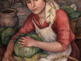 tableau représentant une femme vêtue d'une chemise rouge et d'un tablier blanc, tenant un bouquet de choux