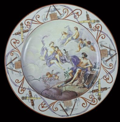 a plate with a painting on it that has angels on it