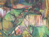 a painting of a green field with houses in the background