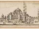 un vieux dessin représentant une mosquée autour de laquelle se promènent des gens