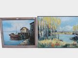 two paintings of a boat and a house by a body of water