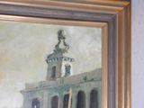 a painting of a building with a clock on top of it