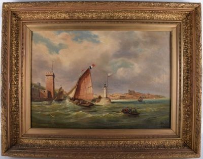 une peinture à l'huile représentant un voilier en mer, avec un phare en arrière-plan