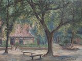 a painting of a bench under a tree in a park