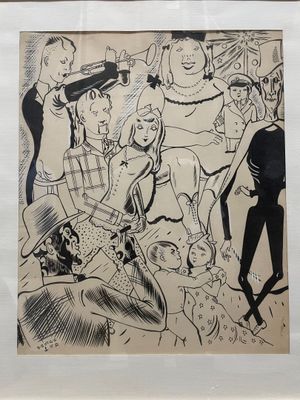 une image d'un dessin en noir et blanc d'un groupe de personnes
